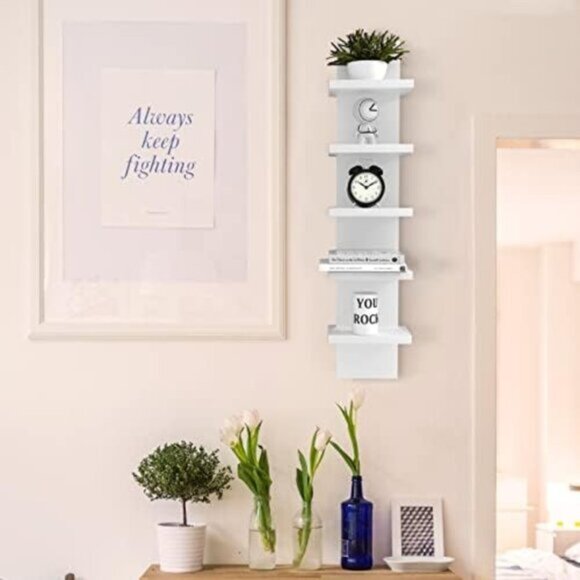 New 5-Tier White Wall Shelves, Vertical Floating Storage Organizer for Bedroom